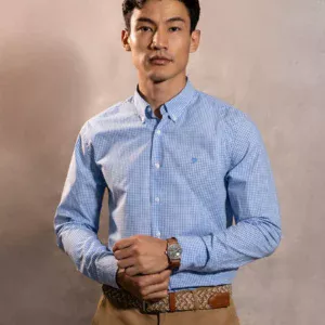 740600011 Camisa Antimanchas Popelina Cuadros Azul Claro Logo Combinado