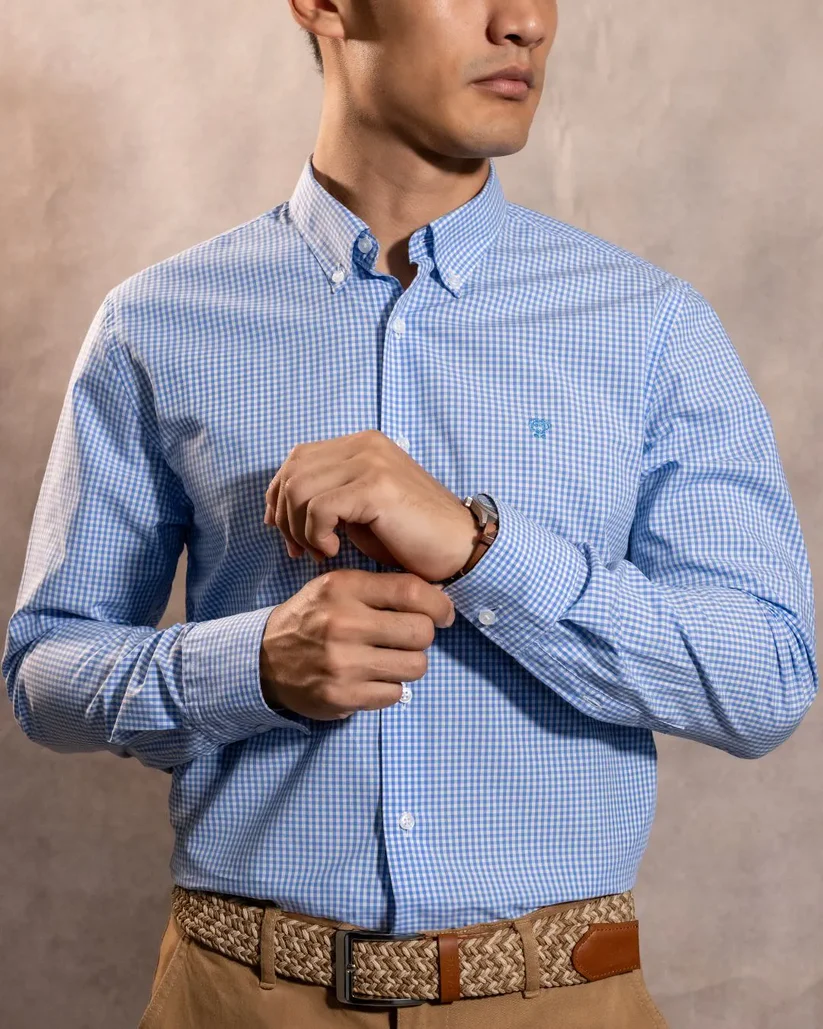 740600011 Camisa Antimanchas Popelina Cuadros Azul Claro Logo Combinado