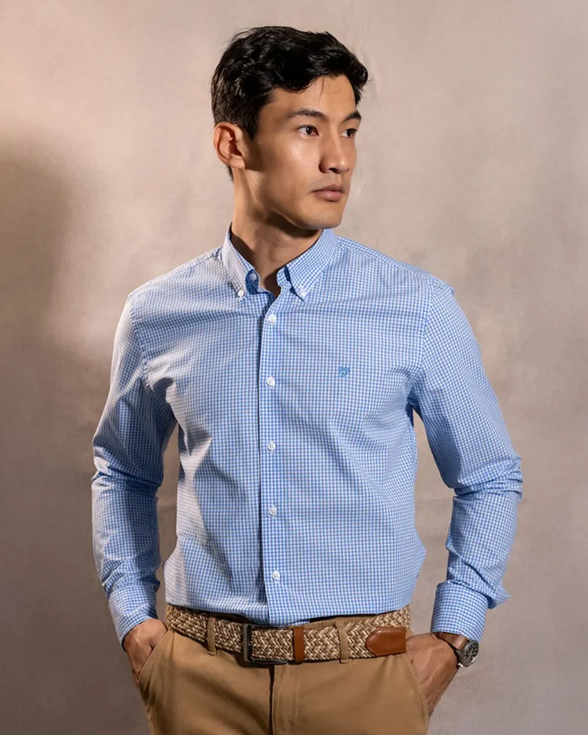 740600011 Camisa Antimanchas Popelina Cuadros Azul Claro Logo Combinado
