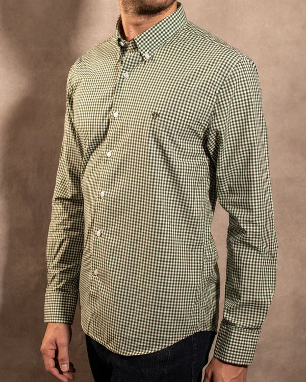 740590011 Camisa Antimanchas Popelina Cuadros Verde Oscuro Lugano - Regular Fit