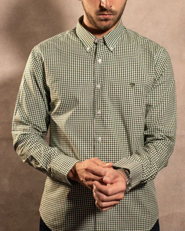740590011 Camisa Antimanchas Popelina Cuadros Verde Oscuro Lugano - Regular Fit