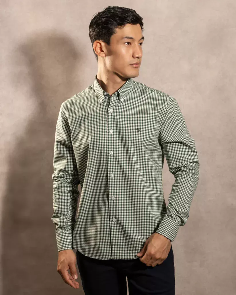 740590011 Camisa Antimanchas Popelina Cuadros Verde Oscuro Lugano - Regular Fit